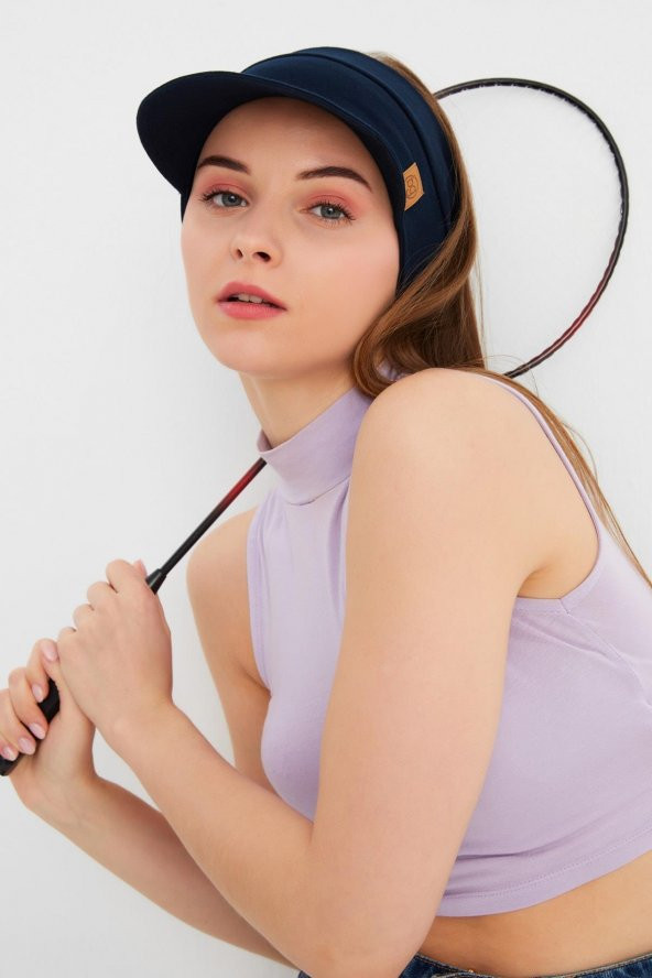 Kadın Lacivert UV Korumalı Katlanır Üstü Açık Yumuşak Siperli %100 Pamuklu Penye Tenis Vizör Şapka - 2