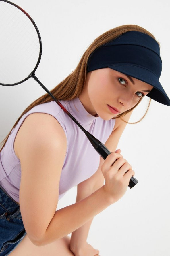 Kadın Lacivert UV Korumalı Katlanır Üstü Açık Yumuşak Siperli %100 Pamuklu Penye Tenis Vizör Şapka - 3
