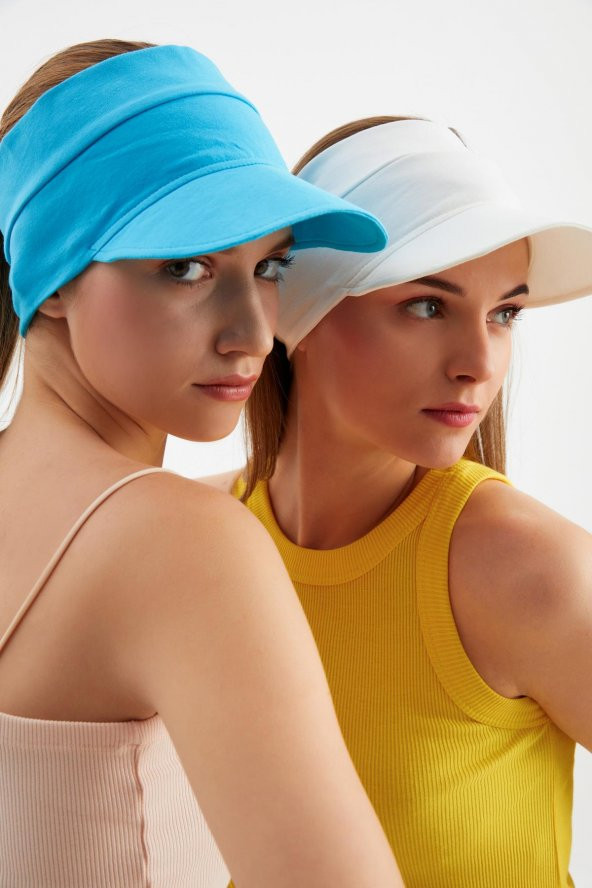 Beyaz - Aqua UV Korumalı Katlanır Üstü Açık Yumuşak Siperli %100 Pamuklu Penye Tenis Vizör Şapka 2^li Set - 2