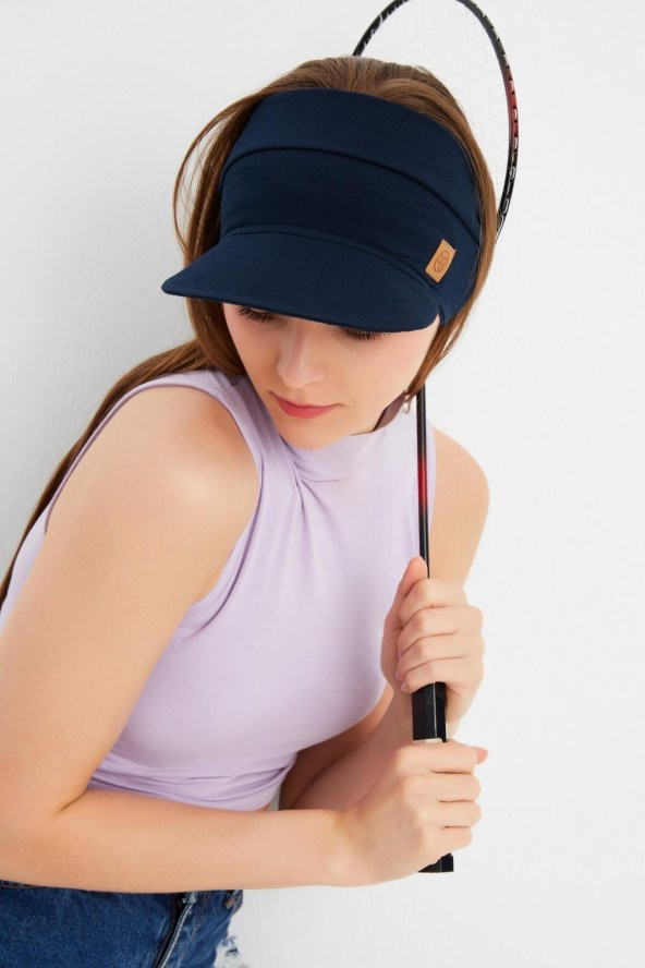Kadın Lacivert UV Korumalı Katlanır Üstü Açık Yumuşak Siperli %100 Pamuklu Penye Tenis Vizör Şapka - 6