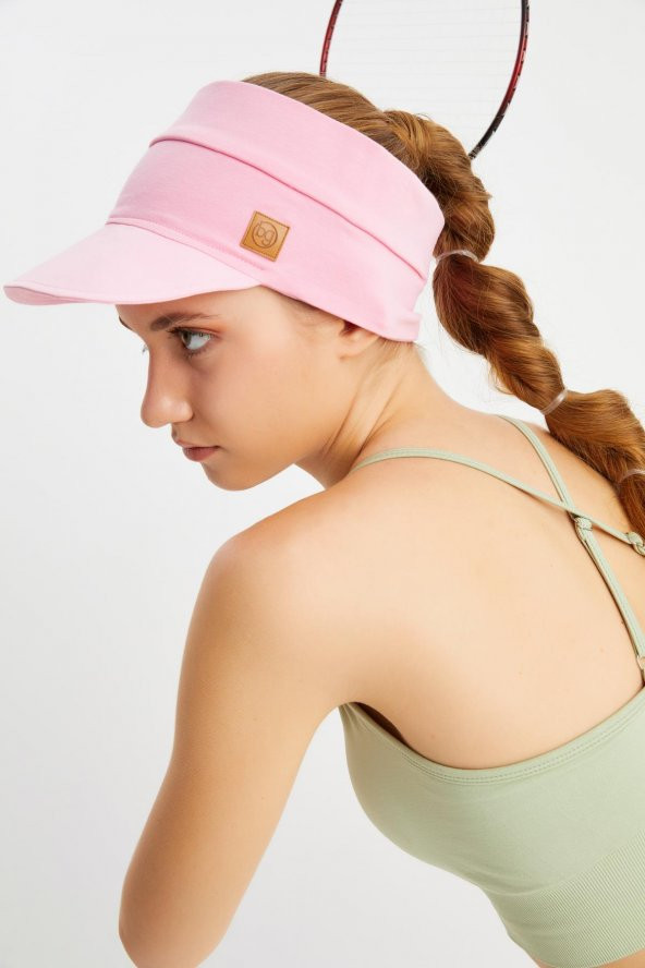 Kadın Pembe UV Korumalı Katlanabilir Üstü Açık Yumuşak Siperli %100 Pamuklu Penye Tenis Vizör Şapka - 6