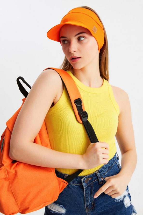 Kadın Turuncu UVKorumalı Katlanabilir Üstü Açık Yumuşak Siperli %100 Pamuklu Penye Tenis Vizör Şapka - 2