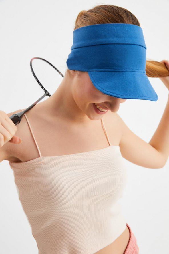 Kadın Mavi UV Korumalı Katlanabilir Üstü Açık Yumuşak Siperli %100 Pamuklu Penye Tenis Vizör Şapka - 4