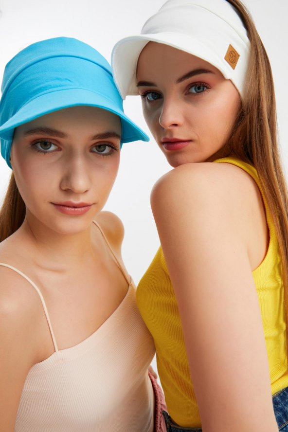 Beyaz - Aqua UV Korumalı Katlanır Üstü Açık Yumuşak Siperli %100 Pamuklu Penye Tenis Vizör Şapka 2^li Set - 3