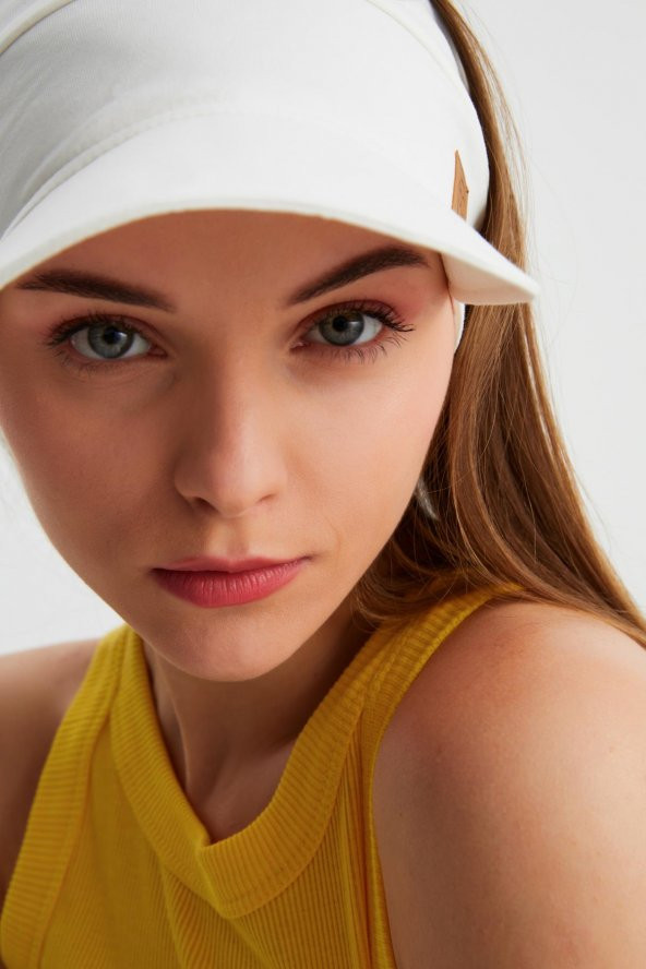Kadın Beyaz UV Korumalı Katlanabilir Üstü Açık Yumuşak Siperli %100 Pamuklu Penye Tenis Vizör Şapka - 6