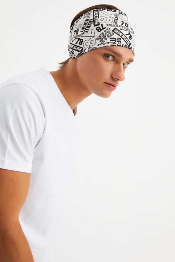 Beyaz Erkek Pamuklu Penye, Kaymaz, Ultra Hafif, Spor Geniş Saç Bandı Bandana Buff - 2
