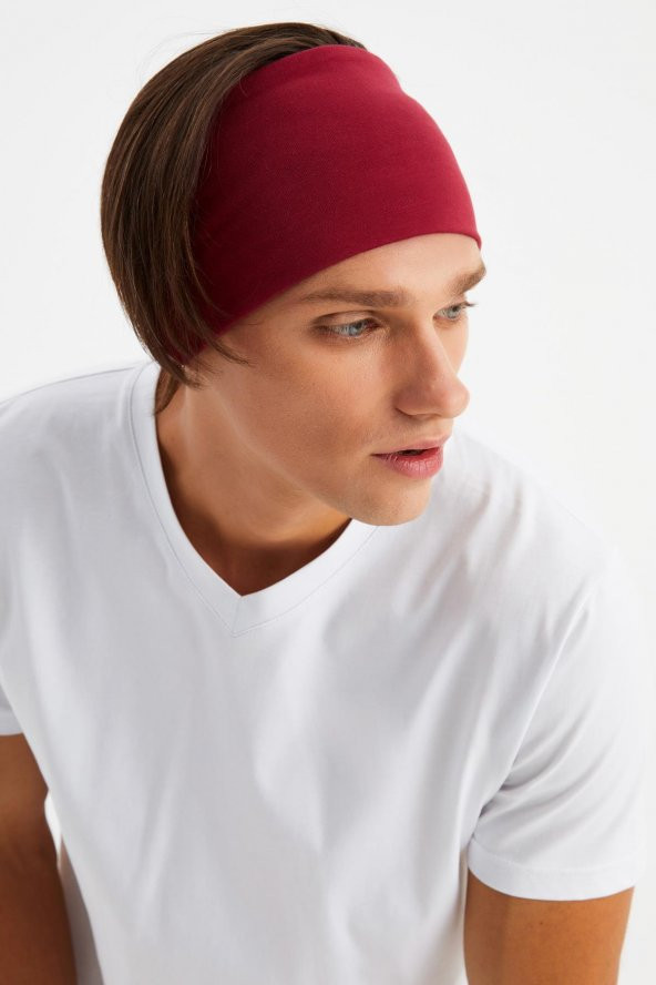 Bordo Erkek Pamuklu Penye, Kaymaz, Ultra Hafif, Spor Geniş Saç Bandı Bandana Buff