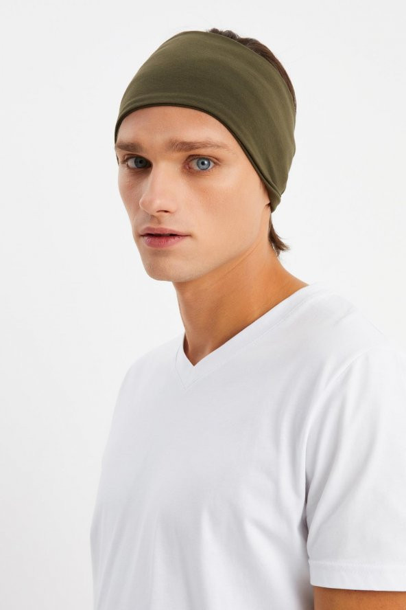 Haki Erkek Pamuklu Penye, Kaymaz, Ultra Hafif, Spor Geniş Saç Bandı Bandana Buff