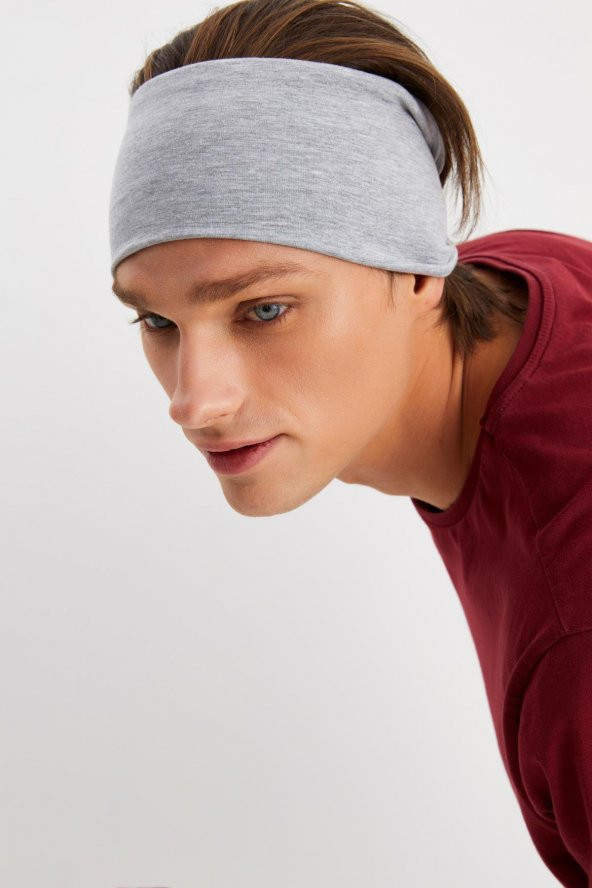 Açık Gri Erkek Pamuklu Penye, Kaymaz, Ultra Hafif, Spor Geniş Saç Bandı Bandana Buff