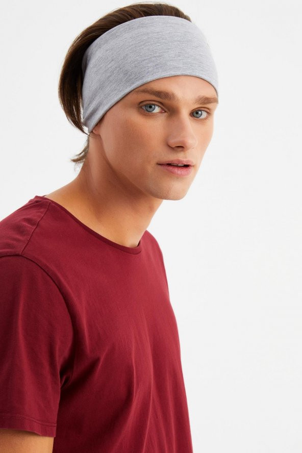 Açık Gri Erkek Pamuklu Penye, Kaymaz, Ultra Hafif, Spor Geniş Saç Bandı Bandana Buff - 2