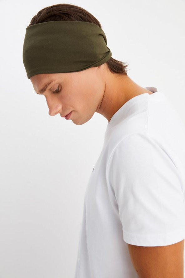 Haki Erkek Pamuklu Penye, Kaymaz, Ultra Hafif, Spor Geniş Saç Bandı Bandana Buff - 3