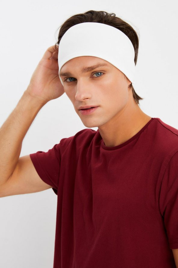 Beyaz Erkek Pamuklu Penye, Kaymaz, Ultra Hafif, Spor Geniş Saç Bandı Bandana Buff