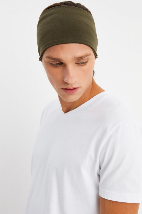 Haki Erkek Pamuklu Penye, Kaymaz, Ultra Hafif, Spor Geniş Saç Bandı Bandana Buff - 4