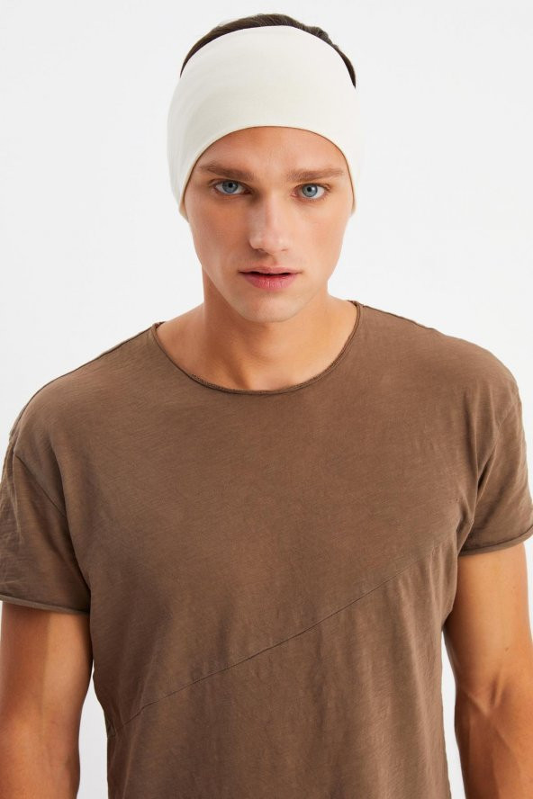 Bej Erkek Pamuklu Penye, Kaymaz, Ultra Hafif, Spor Geniş Saç Bandı Bandana Buff
