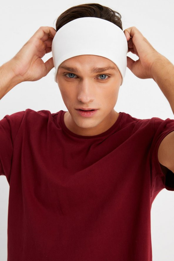 Beyaz Erkek Pamuklu Penye, Kaymaz, Ultra Hafif, Spor Geniş Saç Bandı Bandana Buff - 2