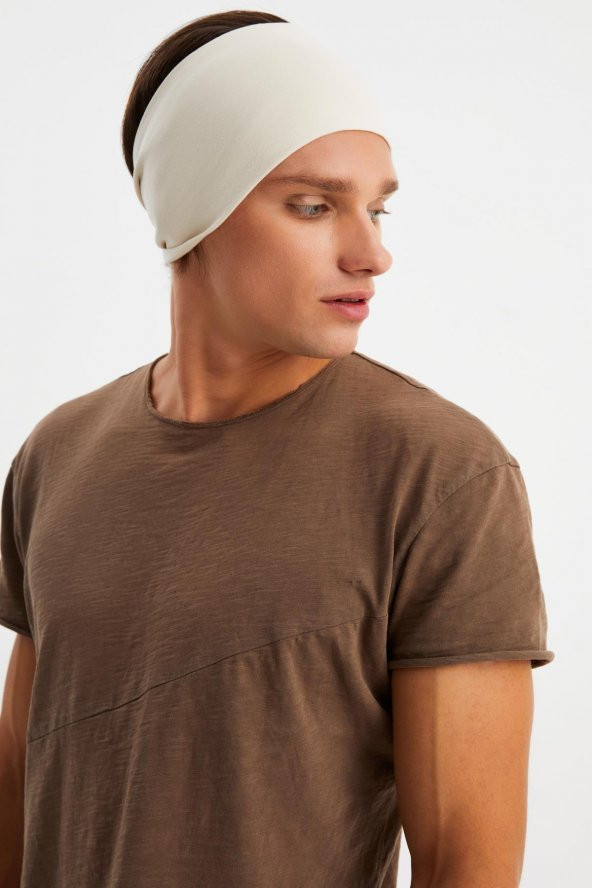 Bej Erkek Pamuklu Penye, Kaymaz, Ultra Hafif, Spor Geniş Saç Bandı Bandana Buff - 2