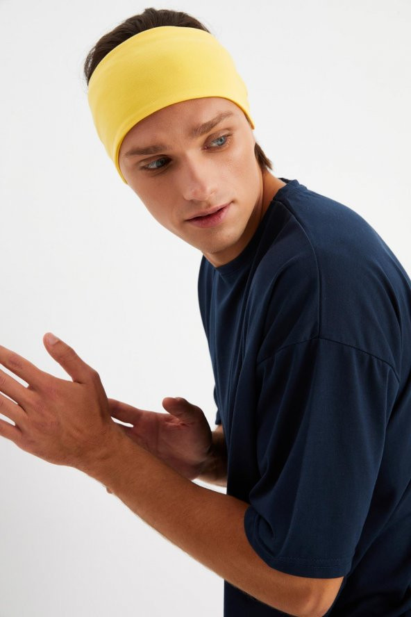 Sarı Erkek Pamuklu Penye, Kaymaz, Ultra Hafif, Spor Geniş Saç Bandı Bandana Buff - 2