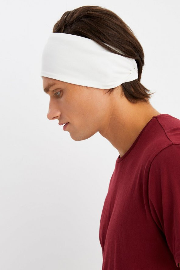 Beyaz Erkek Pamuklu Penye, Kaymaz, Ultra Hafif, Spor Geniş Saç Bandı Bandana Buff - 4