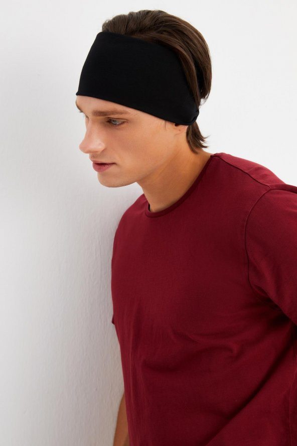Siyah Erkek Pamuklu Penye, Kaymaz, Ultra Hafif, Spor Geniş Saç Bandı Bandana Buff - 3