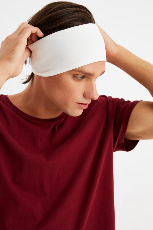 Beyaz Erkek Pamuklu Penye, Kaymaz, Ultra Hafif, Spor Geniş Saç Bandı Bandana Buff - 5