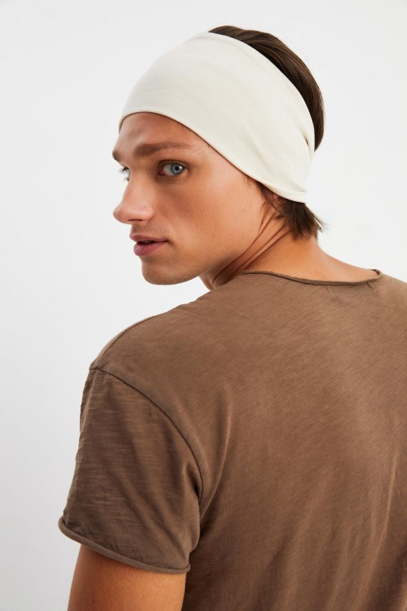 Bej Erkek Pamuklu Penye, Kaymaz, Ultra Hafif, Spor Geniş Saç Bandı Bandana Buff - 4