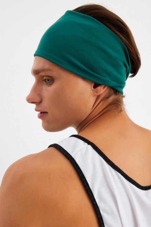 Zümrüt Yeşil Erkek Pamuklu Penye, Kaymaz, Ultra Hafif, Spor Geniş Saç Bandı Bandana Buff - 5