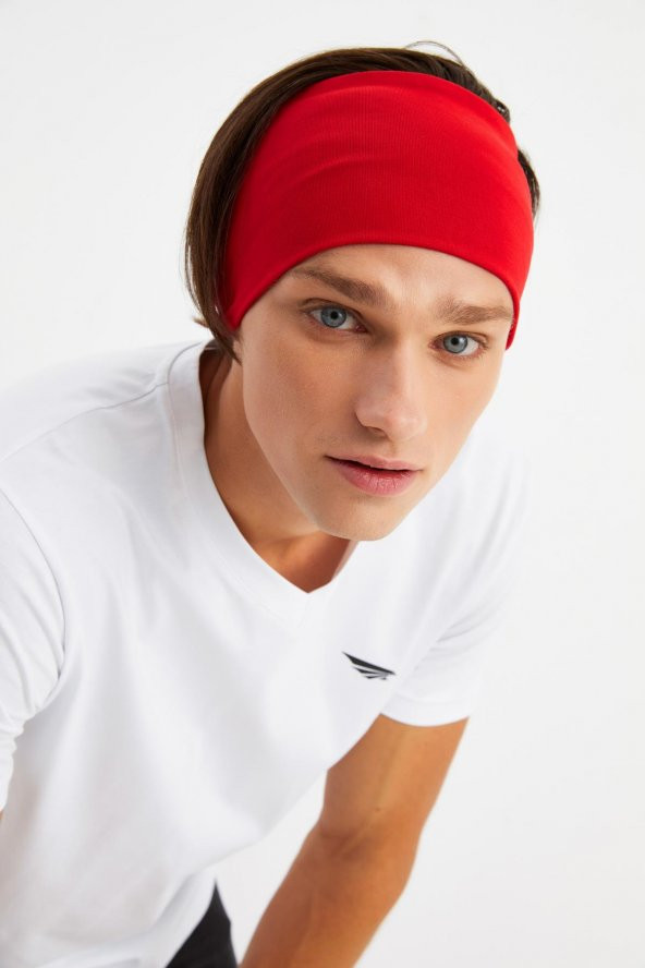 Kırmızı Erkek Pamuklu Penye, Kaymaz, Ultra Hafif, Spor Geniş Saç Bandı Bandana Buff - 2