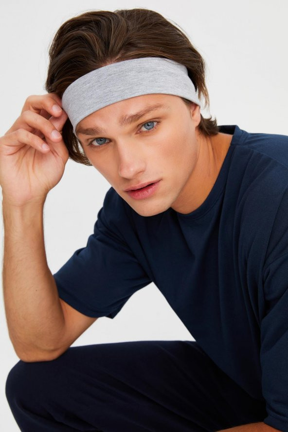 Açık Gri Erkek Pamuklu Penye, Kaymaz, Terletmez, Ultra Hafif, Spor Saç Bandı Bandana - 3