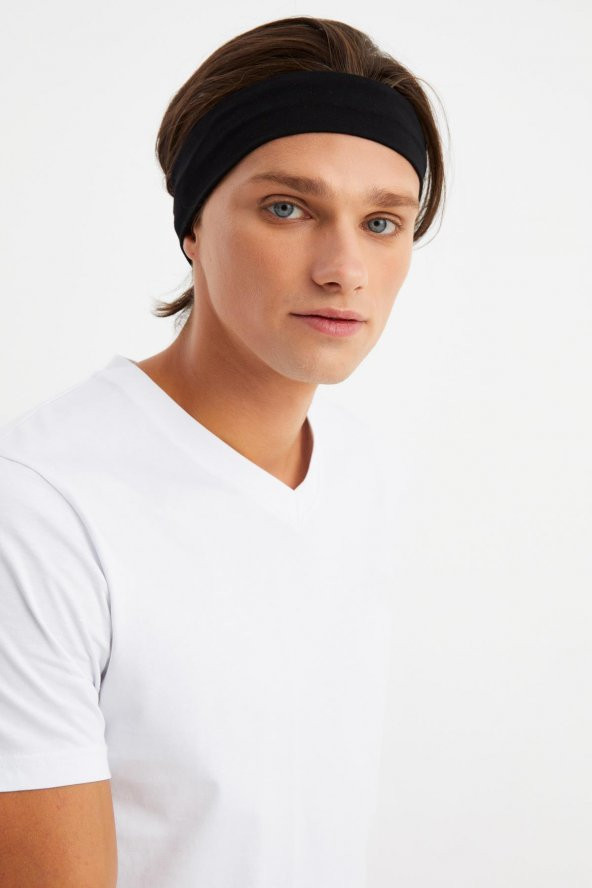 Siyah Erkek Pamuklu Penye, Kaymaz, Terletmez, Ultra Hafif, Spor Saç Bandı Bandana - 3