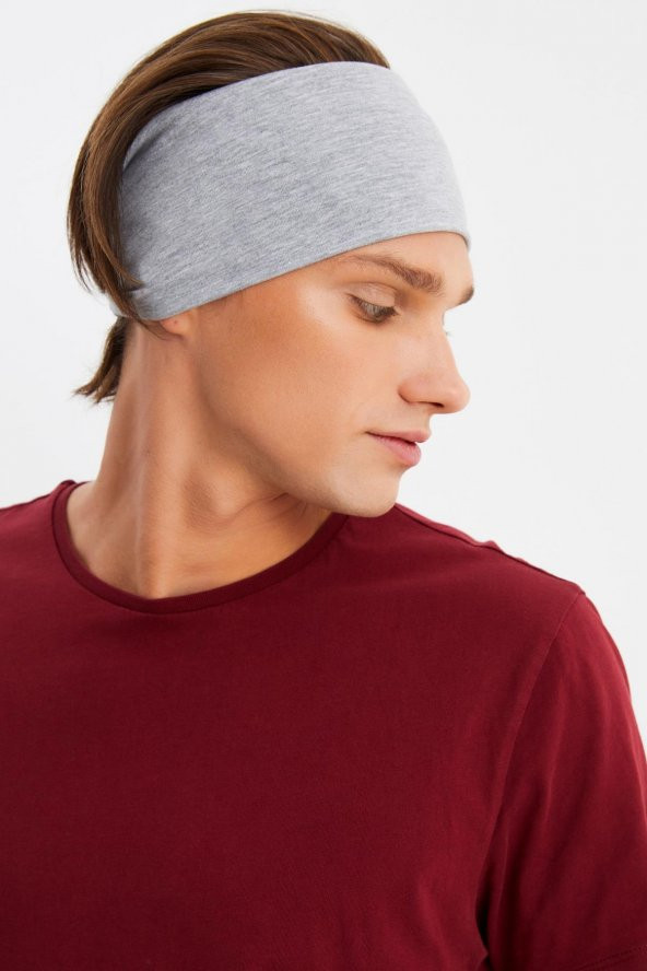 Açık Gri Erkek Pamuklu Penye, Kaymaz, Ultra Hafif, Spor Geniş Saç Bandı Bandana Buff - 5