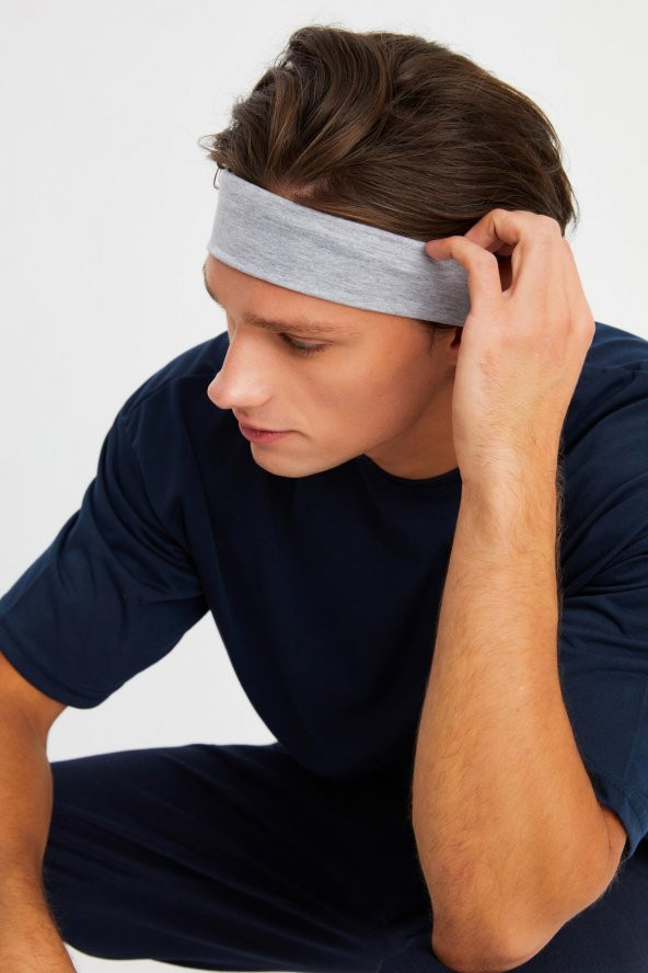 Açık Gri Erkek Pamuklu Penye, Kaymaz, Terletmez, Ultra Hafif, Spor Saç Bandı Bandana - 4