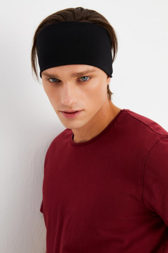 Siyah Erkek Pamuklu Penye, Kaymaz, Ultra Hafif, Spor Geniş Saç Bandı Bandana Buff - 4