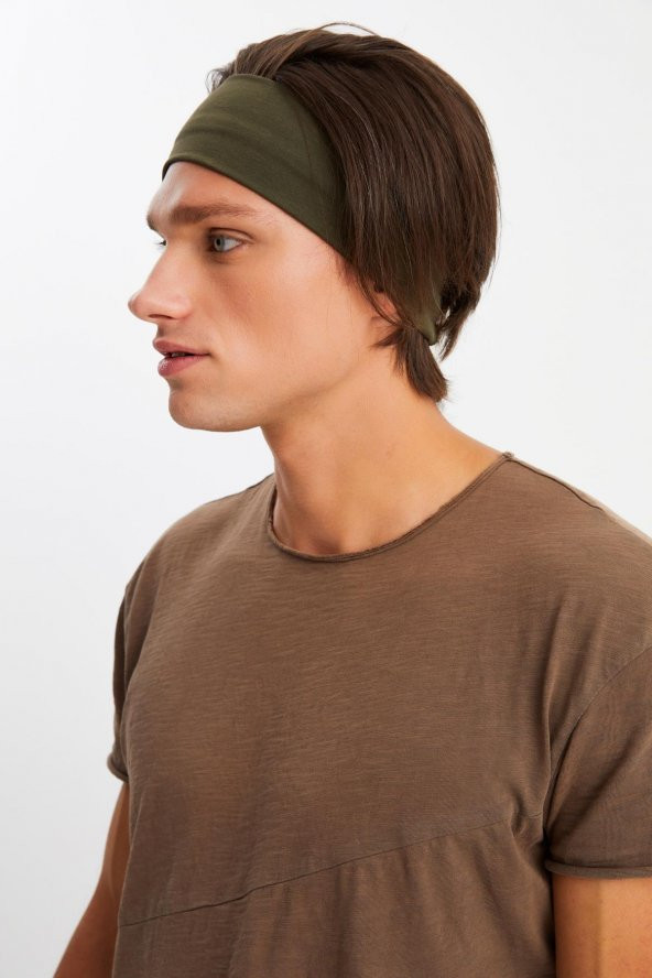 Haki Erkek Pamuklu Penye, Kaymaz, Terletmez, Ultra Hafif, Spor Saç Bandı Bandana - 8