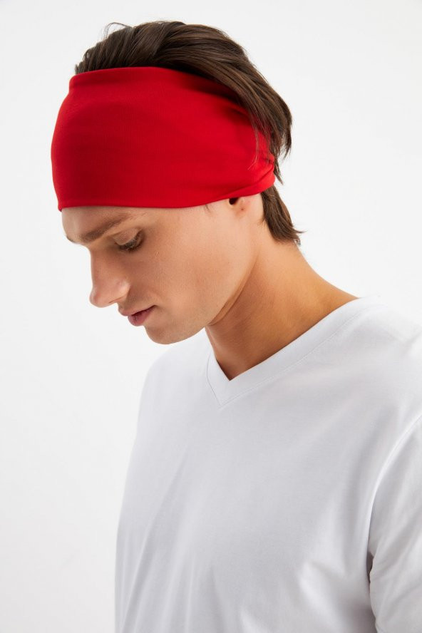 Kırmızı Erkek Pamuklu Penye, Kaymaz, Ultra Hafif, Spor Geniş Saç Bandı Bandana Buff - 4