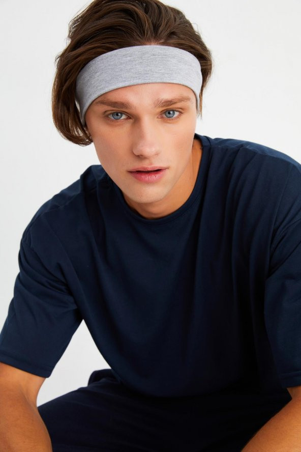 Açık Gri Erkek Pamuklu Penye, Kaymaz, Terletmez, Ultra Hafif, Spor Saç Bandı Bandana - 5