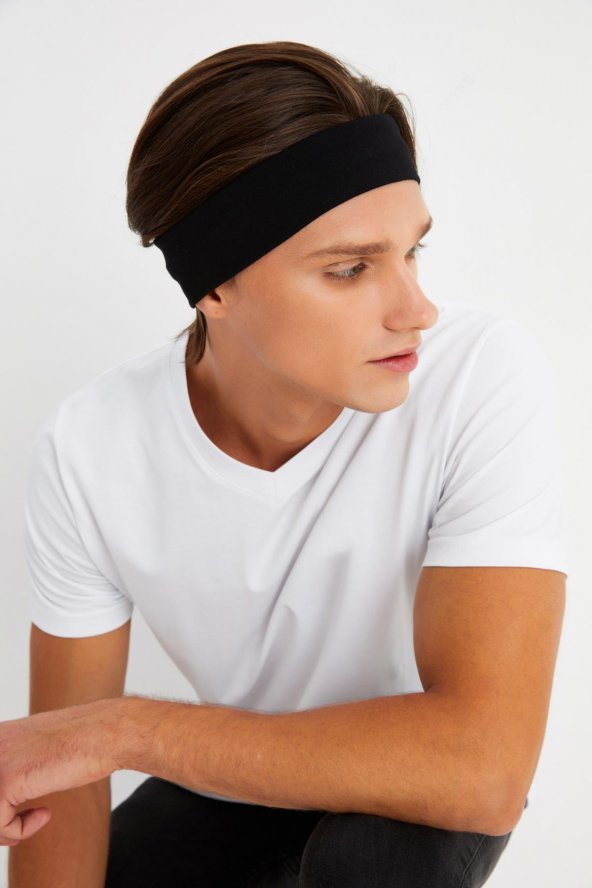 Siyah Erkek Pamuklu Penye, Kaymaz, Terletmez, Ultra Hafif, Spor Saç Bandı Bandana - 5