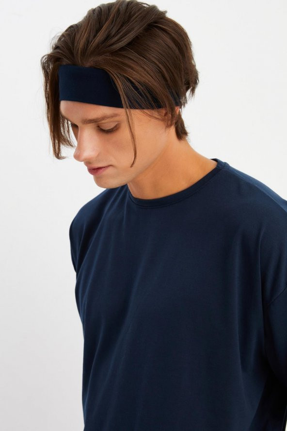 Lacivert Erkek Pamuklu Penye, Kaymaz, Terletmez, Ultra Hafif, Spor Saç Bandı Bandana - 4
