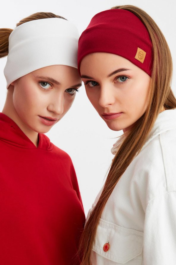 Beyaz-Bordo 2'li Pamuklu Termal, Kaymaz, Terletmez, Ultra Hafif, Spor Saç Bandı Bandana Buff