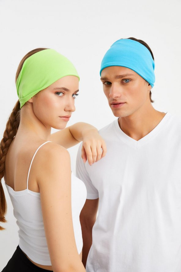 Yeşil-Aqua 2'li ÇİFT TARAFLI kullanım alternatifli, Pamuklu Penye, Kaymaz, Hafif, Spor Saç Bandı Bandana ürün görseli 1