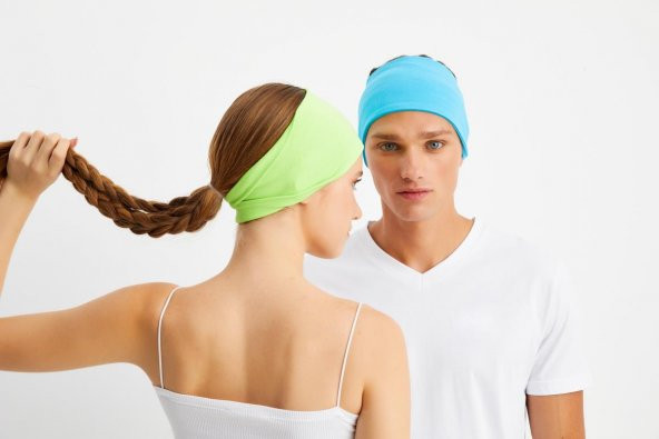 Yeşil-Aqua 2'li ÇİFT TARAFLI kullanım alternatifli, Pamuklu Penye, Kaymaz, Hafif, Spor Saç Bandı Bandana - Resim 2