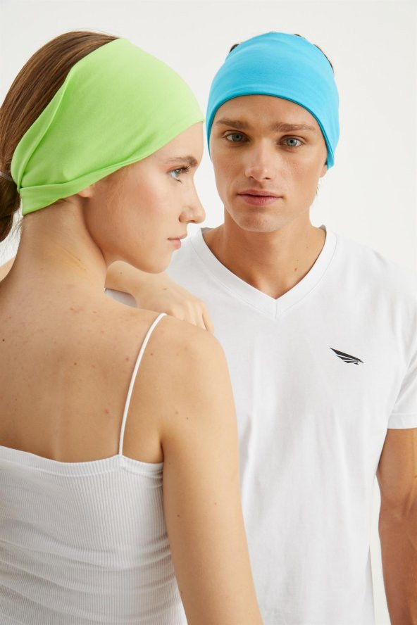 Yeşil-Aqua 2'li ÇİFT TARAFLI kullanım alternatifli, Pamuklu Penye, Kaymaz, Hafif, Spor Saç Bandı Bandana - Resim 3