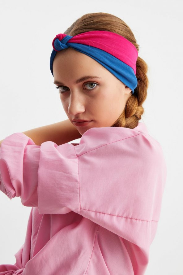 Bordo-Mavi Kadın Fenomen Style Pamuklu Penye, Kaymaz, Yumuşak, Esnek, Saç Bandı Bandana - 2