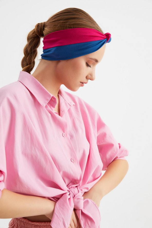 Bordo-Mavi Kadın Fenomen Style Pamuklu Penye, Kaymaz, Yumuşak, Esnek, Saç Bandı Bandana - 3
