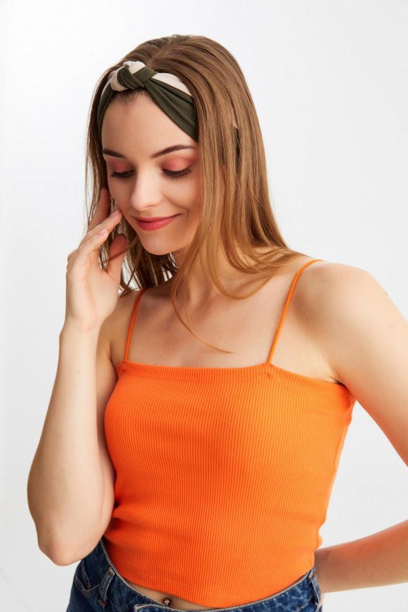 Bej-Haki Kadın Fenomen Style Pamuklu Penye, Kaymaz, Yumuşak, Esnek, Saç Bandı Bandana - 4