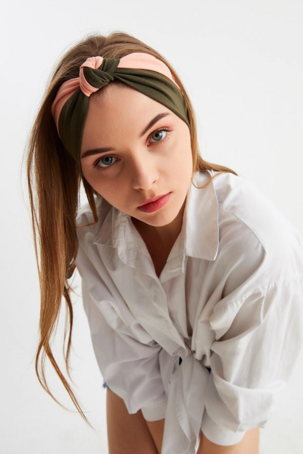 Haki-Pudra Kadın Fenomen Style Pamuklu Penye, Kaymaz, Yumuşak, Esnek, Saç Bandı Bandana - Resim 2