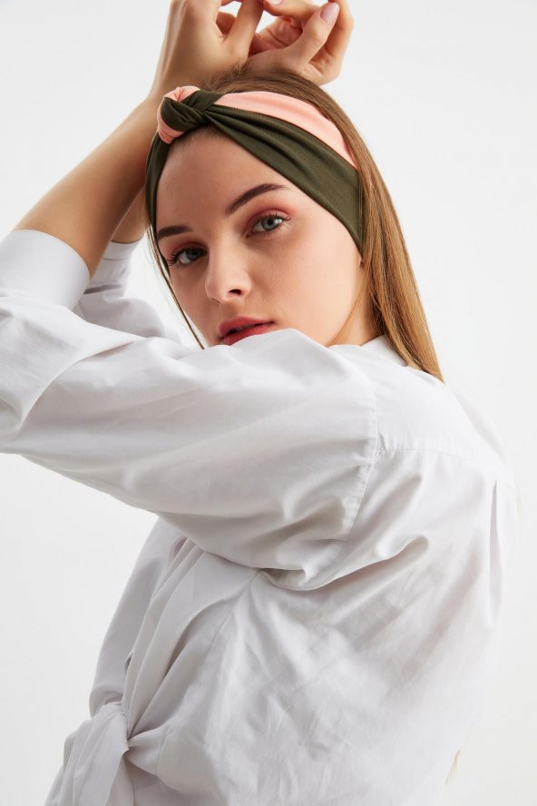 Haki-Pudra Kadın Fenomen Style Pamuklu Penye, Kaymaz, Yumuşak, Esnek, Saç Bandı Bandana - Resim 4