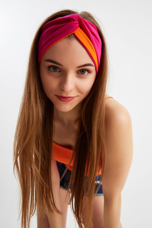 Turuncu-Fuşya Kadın Trend Style Pamuklu Penye, Kaymaz, Yumuşak, Esnek, Saç Bandı Bandana