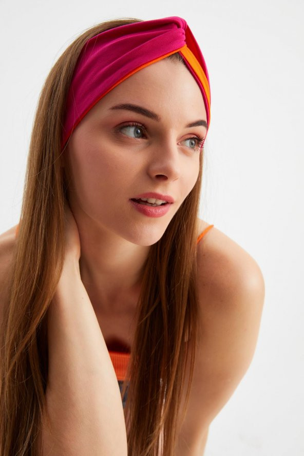 Turuncu-Fuşya Kadın Trend Style Pamuklu Penye, Kaymaz, Yumuşak, Esnek, Saç Bandı Bandana - 2