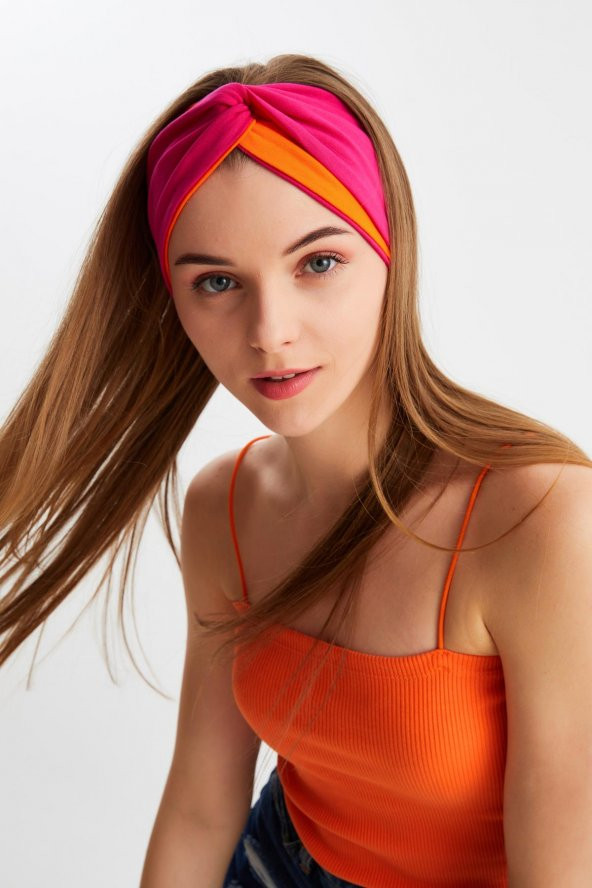 Turuncu-Fuşya Kadın Trend Style Pamuklu Penye, Kaymaz, Yumuşak, Esnek, Saç Bandı Bandana - 4