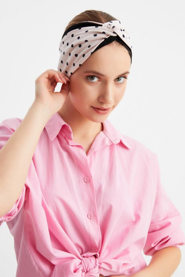 Pudra-Siyah  Kadın Trend Style Pamuklu Penye, Kaymaz, Yumuşak, Esnek, Saç Bandı Bandana ürün görseli 1